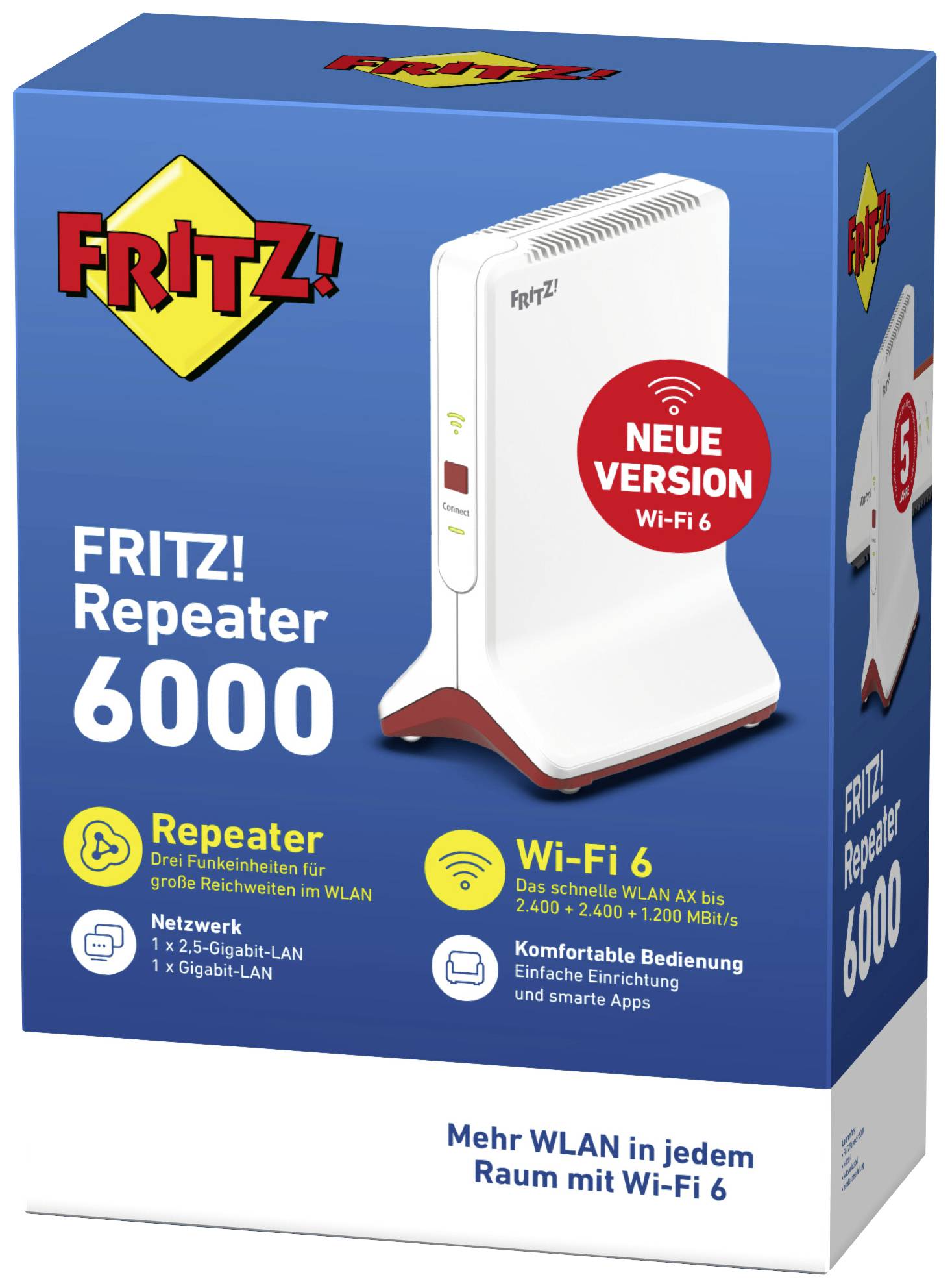 'FRITZ! Repeater 6000' förpackningen visar en WLAN-förstärkare. Texten framhäver den nya versionen med Wi-Fi 6, enkel installation och ett kraftfullt nätverk.