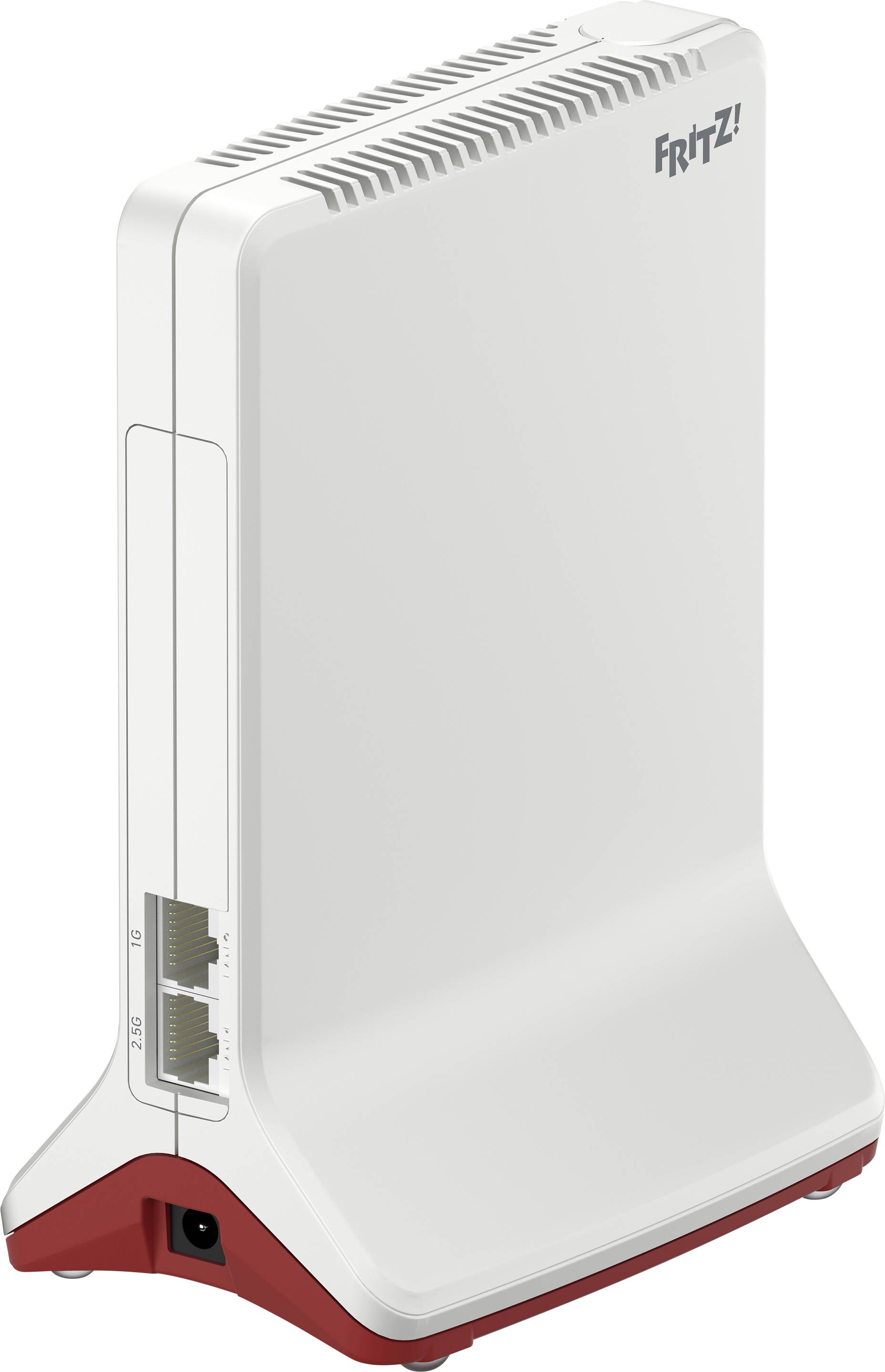 En vit router med två Ethernet-portar och ventilationshål, stående upprätt, med märket 'Fritz!' överst.