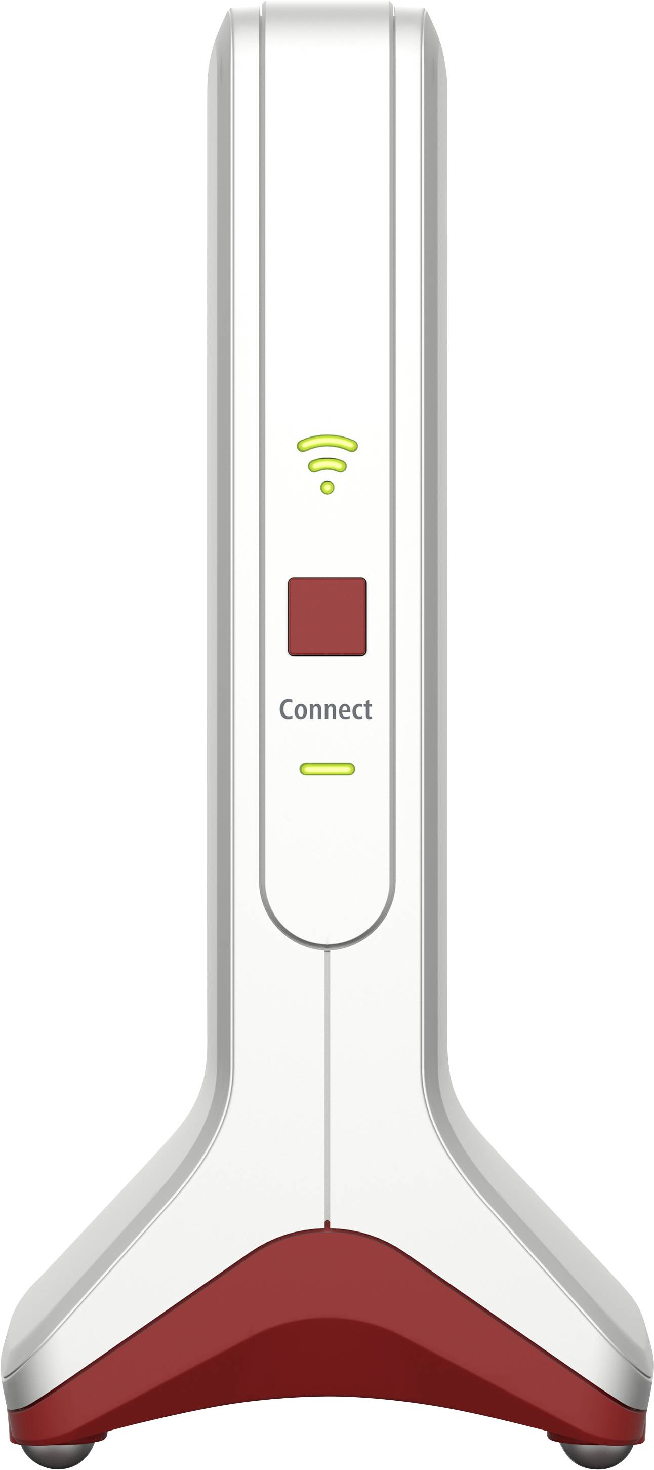 Vit WiFi-repeater med röd bas, vertikalt placerad, visar en grön WiFi-symbol och texten 'Connect'.