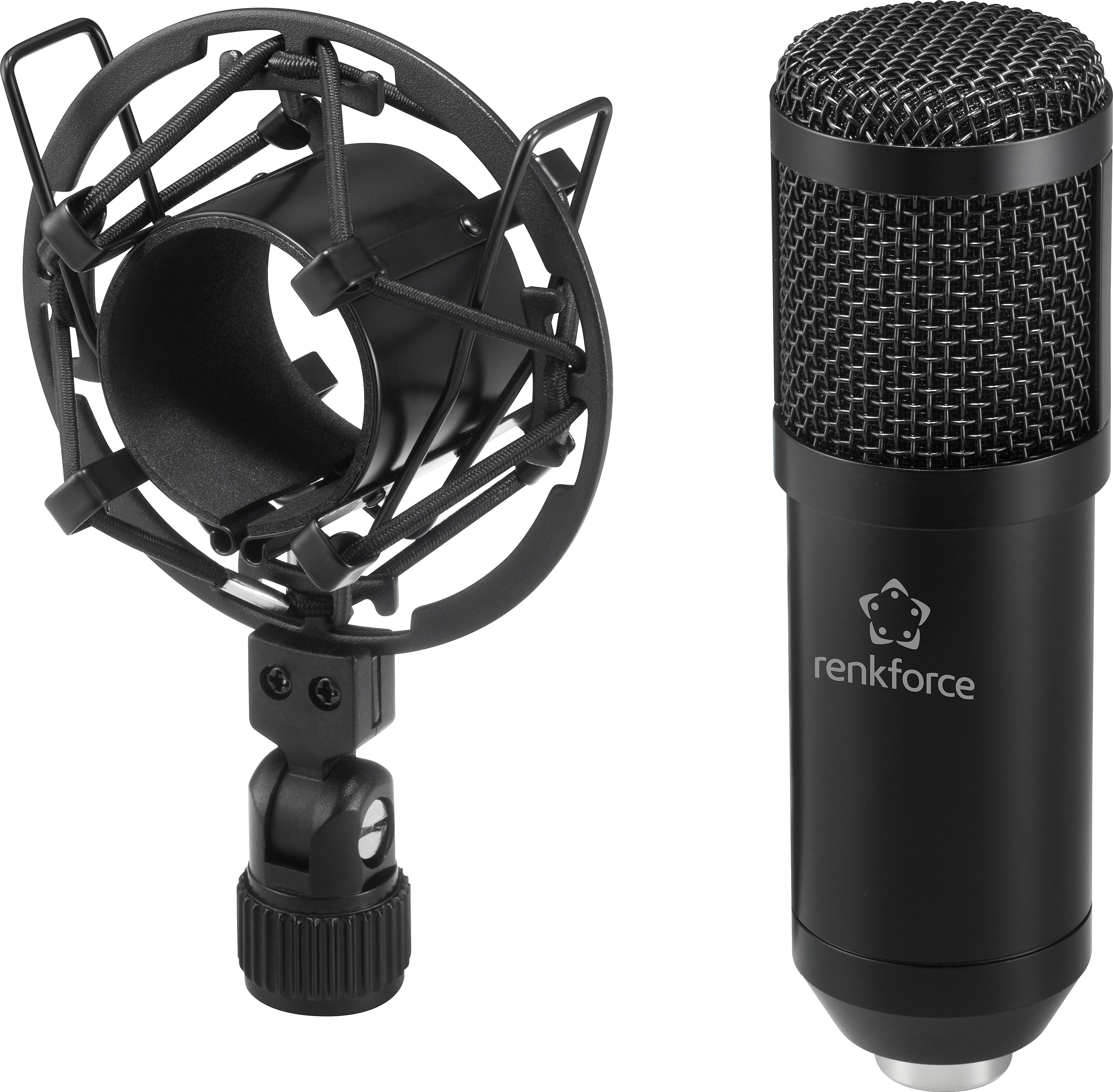 En svart mikrofon med fäste, lämplig för inspelningar och podcasting, står till höger, spindeln till vänster.