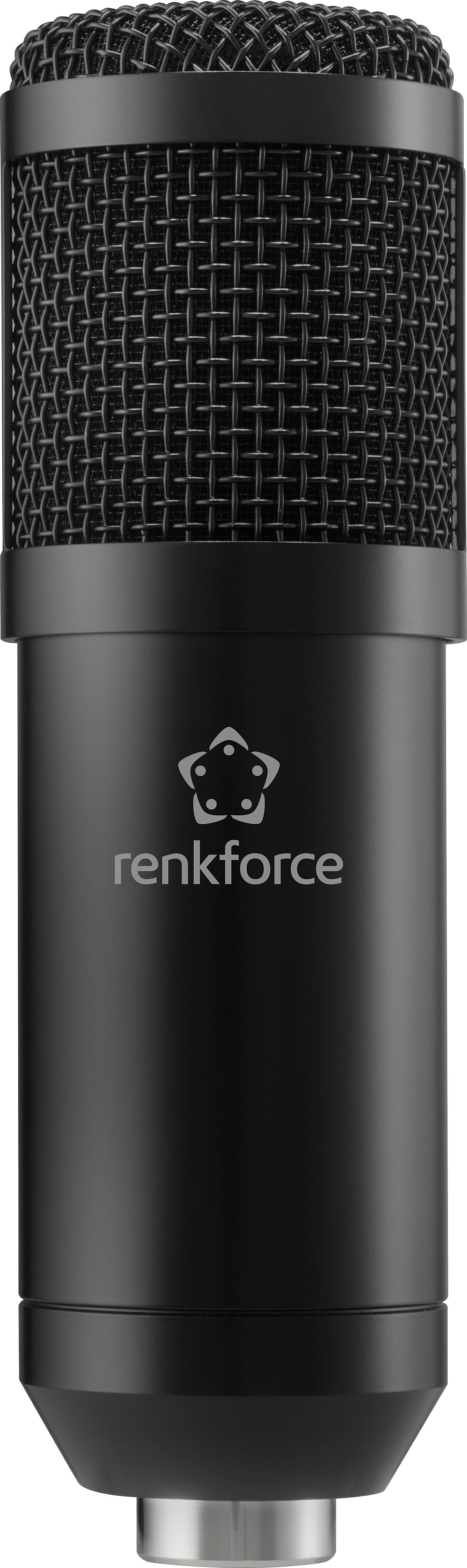 Ett svart mikrofon med 'renkforce'-logotypen i mitten, framför en neutral bakgrund.
