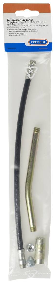 Prebena tryckluftstillbehörsset i en plastförpackning, bestående av en svart och en metallisk slang, ventiler och klämmar.