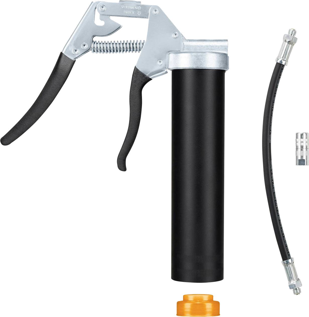 Handfettpresse med svart handtag och metallcylinder, avtagbar slang och orange tätningslock.