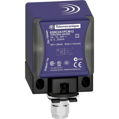 En rektangulär induktiv sensor från Telemecanique med blå hölje, modell XS8C2A1PCM12, visar tekniska specifikationer.