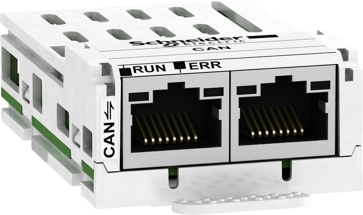 Ett CAN-kommunikationsmodul med två Ethernet-anslutningar, märkta med 'RUN' och 'ERR', för integration i ett nätverk.