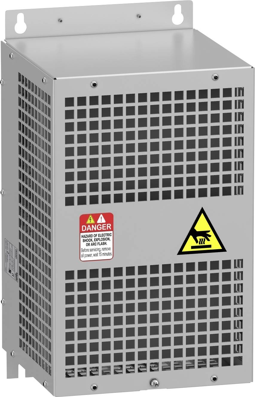 Metallisk låda med ventilationsgaller, varningsskylt för elektrisk fara på. Väggmontering möjlig.