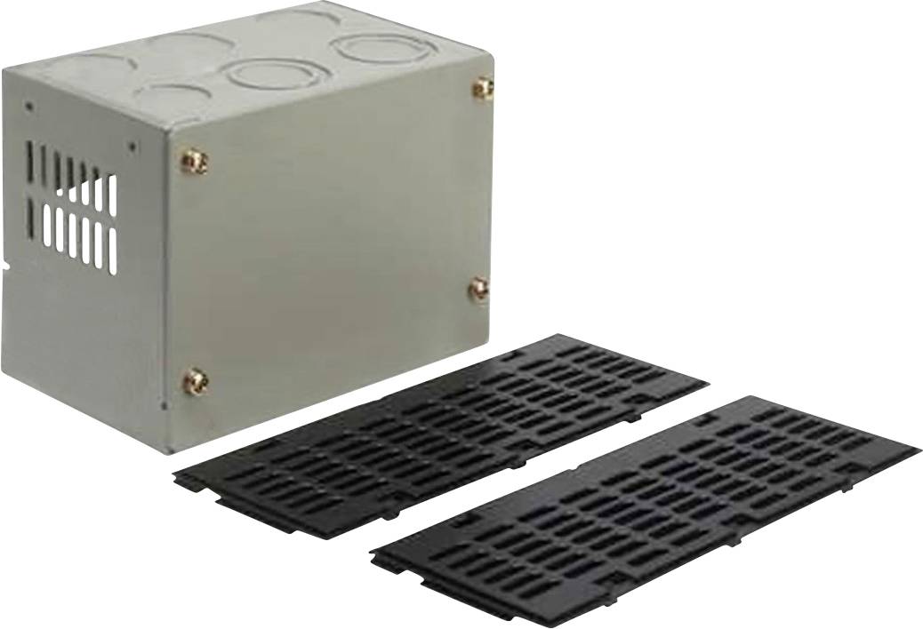 Metallhölje med ventilationsspringor och skruvar, bredvid två svarta galler.