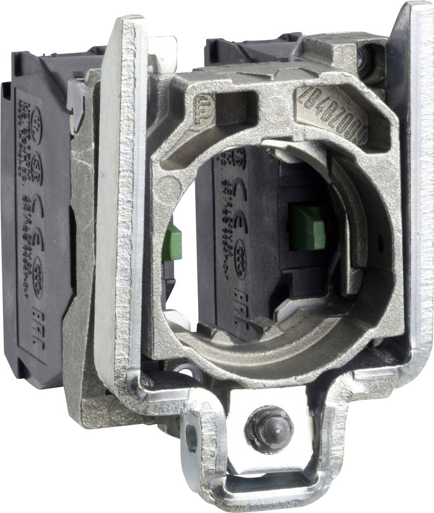 Metallisk fäste för en switch eller knapp, med monteringshål och märkning. Används i elektriska tillämpningar.