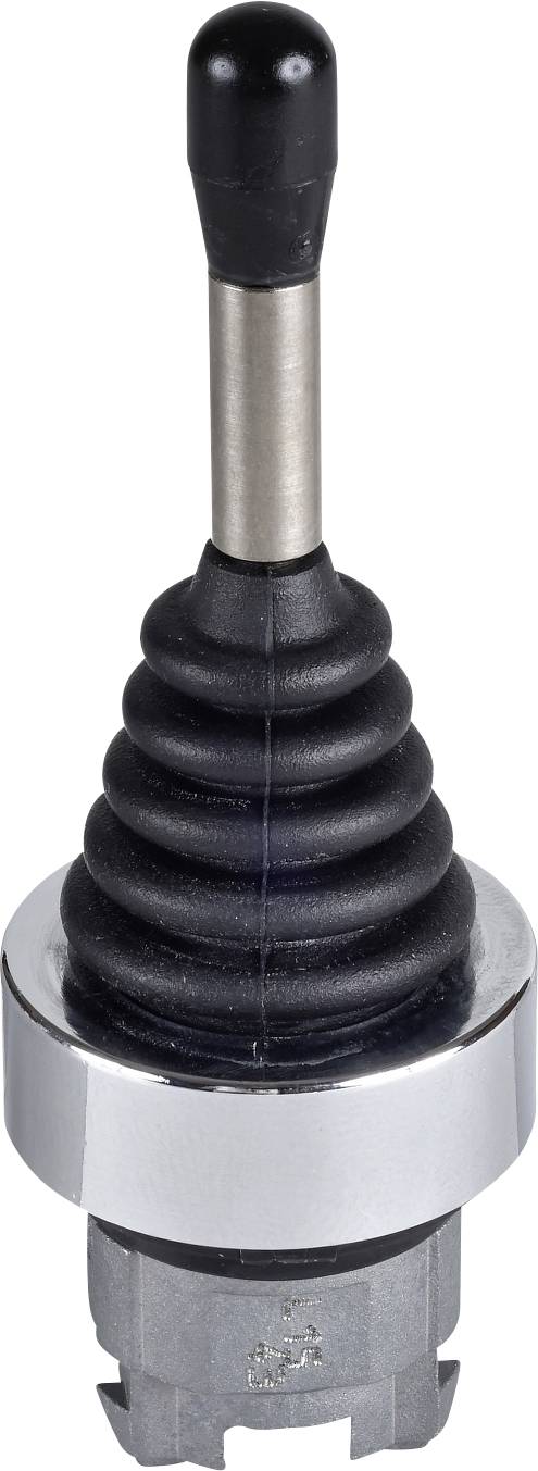 En svart spak med en flerstegad manschett på en rund, silverfärgad sockel; en typisk komponent i en joystick.