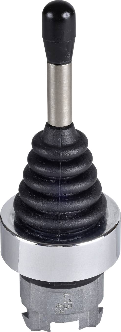 En joystick-omkopplare med koncentriska räfflor, svart knapp och metallisk bas. Används för maskinstyrning.