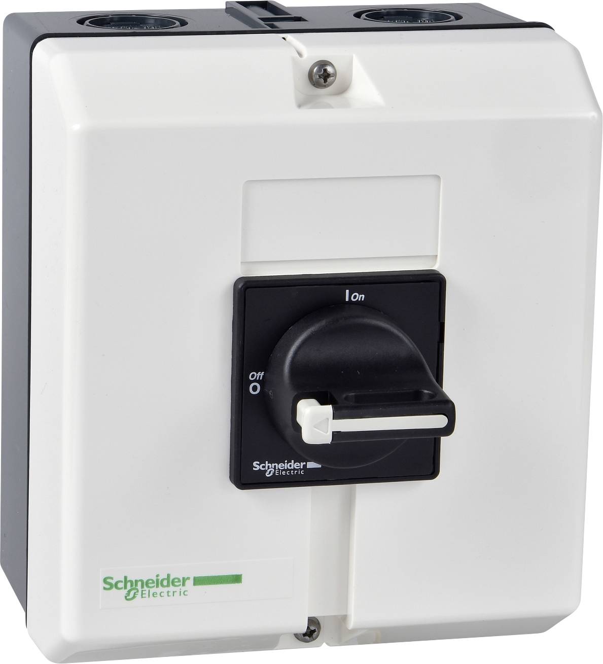 En elektrisk huvudbrytare med lägen för 'On' och 'Off'. Switches är från Schneider Electric.