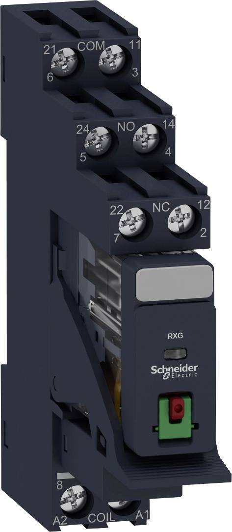 Ett reläer från Schneider Electric med märkningar för anslutningar (COM, NO, NC) och spole (COIL), använt i elektriska kretsar.