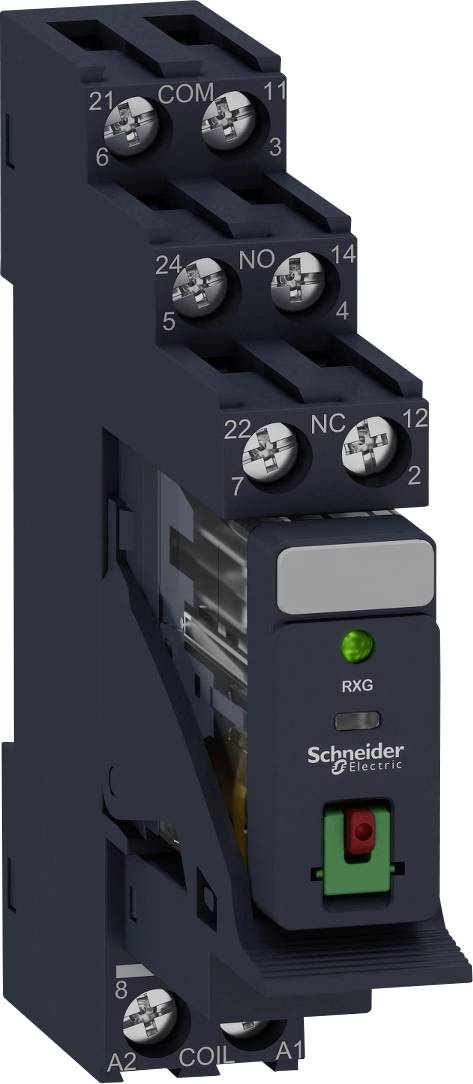 Ett elektriskt relämodul från Schneider Electric med flera kontaktdon, en grön LED-indikator och en röd switch.
