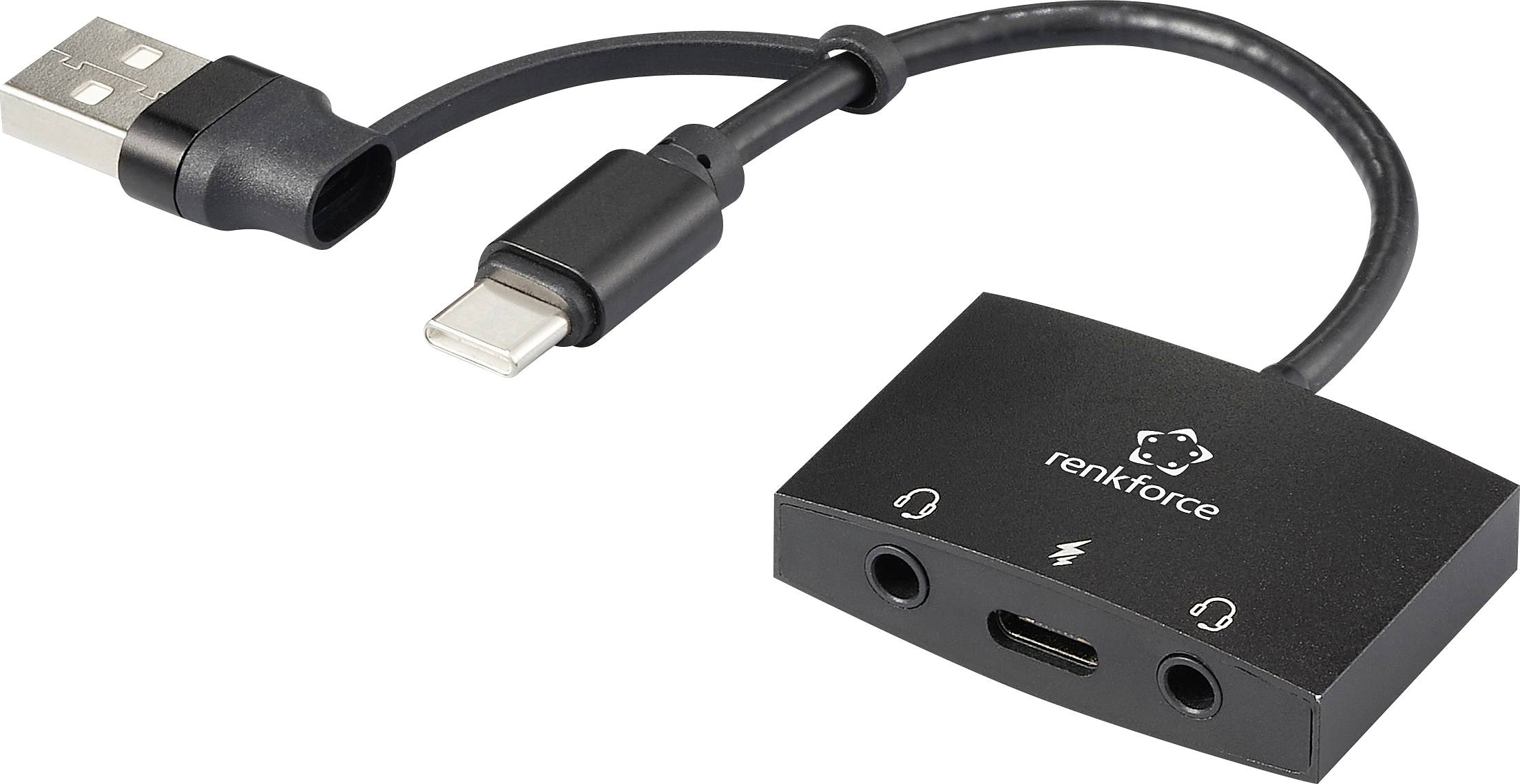 Adapter med USB- och USB-C-kontakt på ena sidan, och två ljudanslutningar och en USB-C-anslutning på den andra. Lämplig för ljudanslutningar.