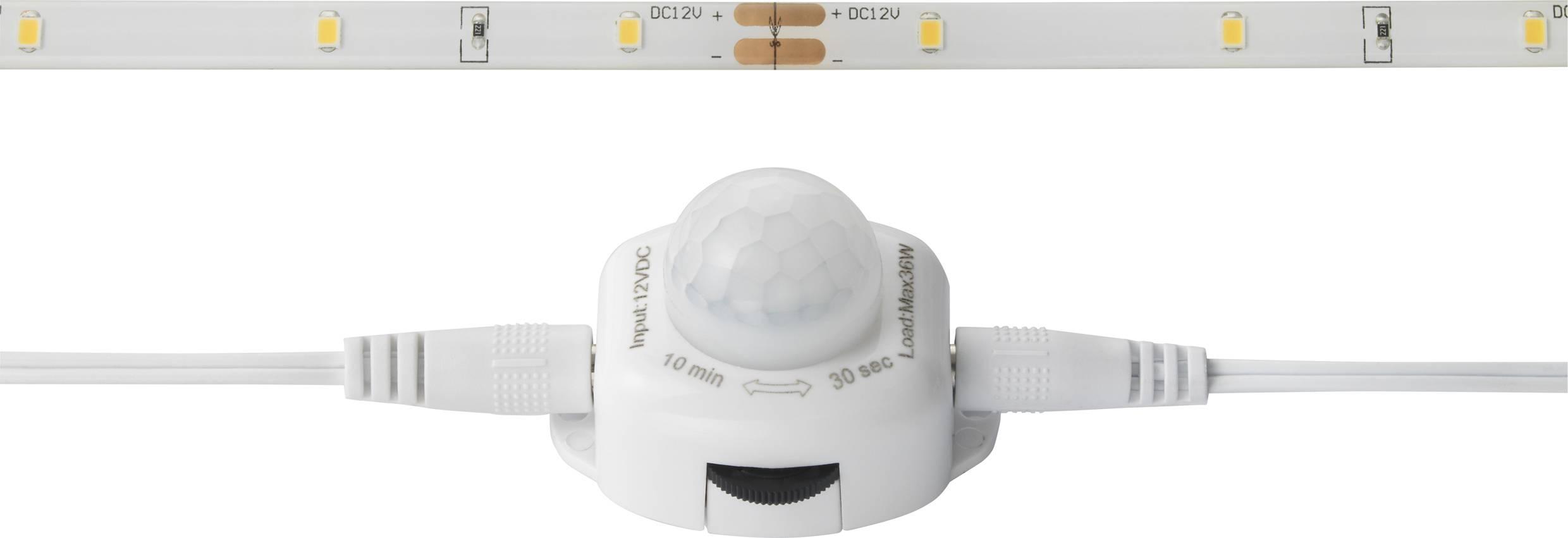 LED-belysningslist med rörelsesensor och kablar. Sensorn identifierar rörelser och aktiverar LED-lamporna för att tillhandahålla ljus.
