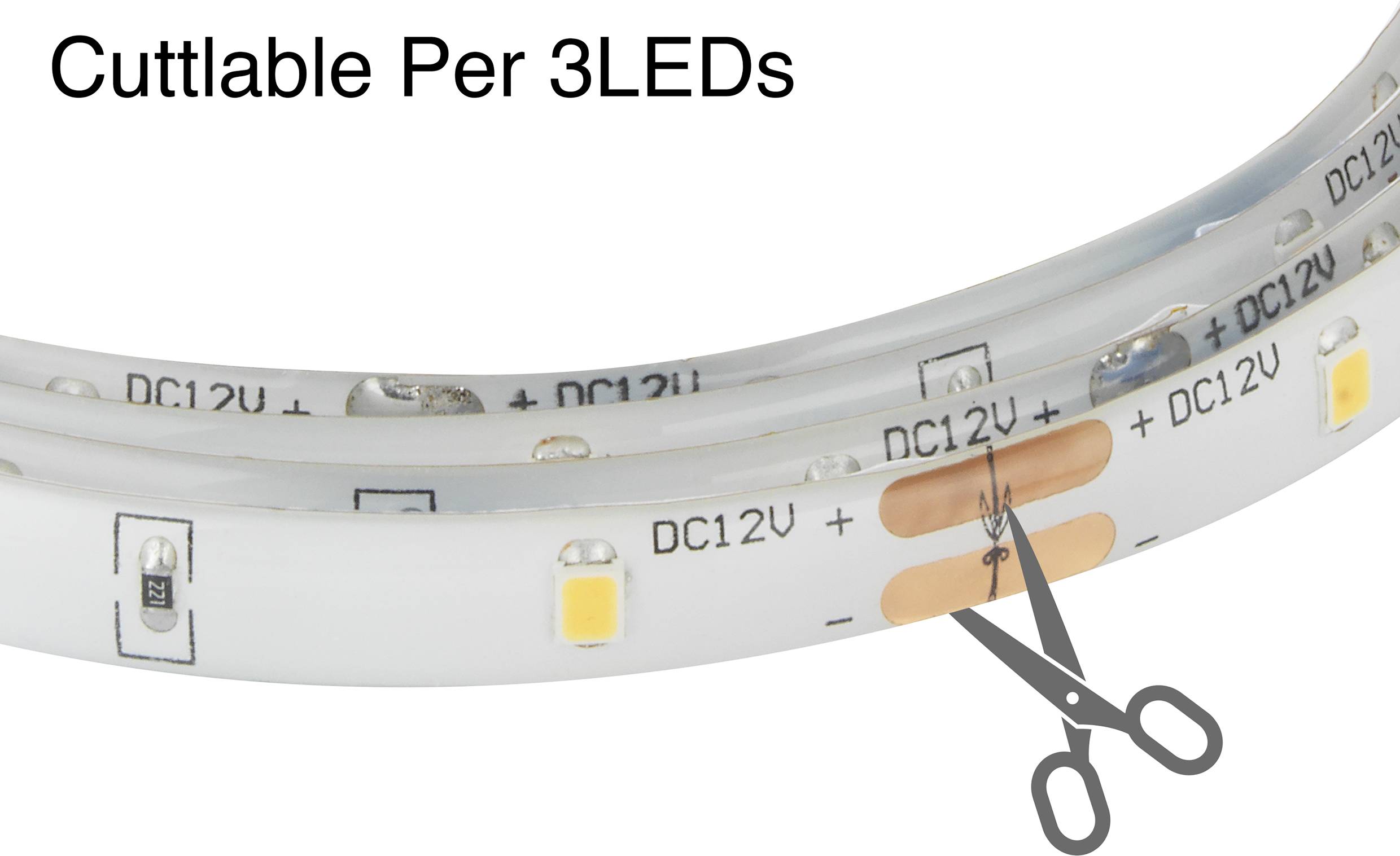 Två LED-ljusremsor med texten 'Cuttable Per 3 LEDs'. En sax pekar på den markerade skärningspunkten mellan LED-dioderna.