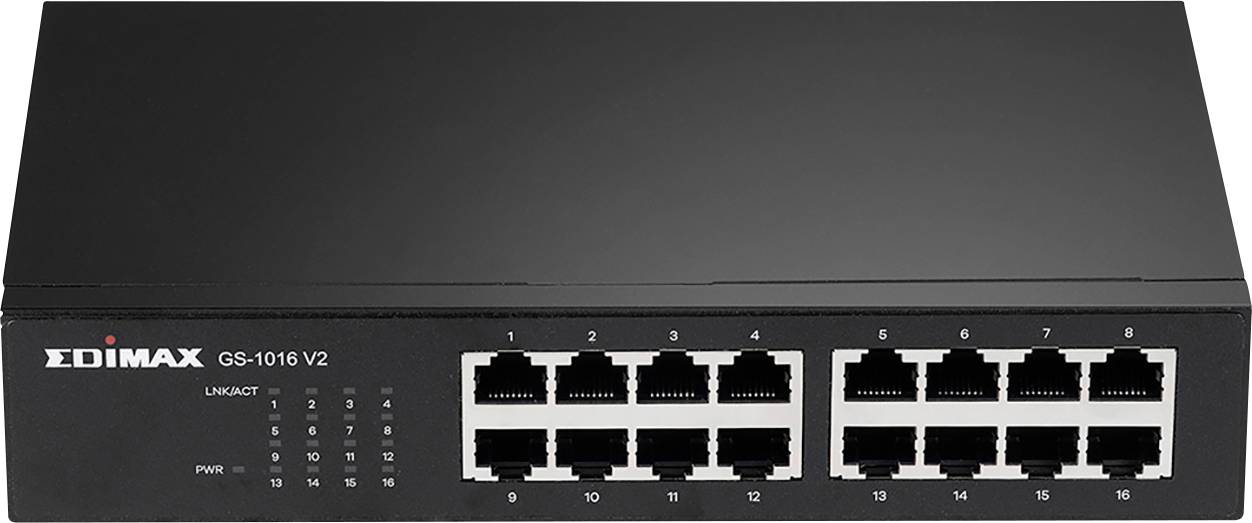En svart nätverksswitch från märket Edimax med 16 Ethernet-portar, modell GS-1016 V2.
