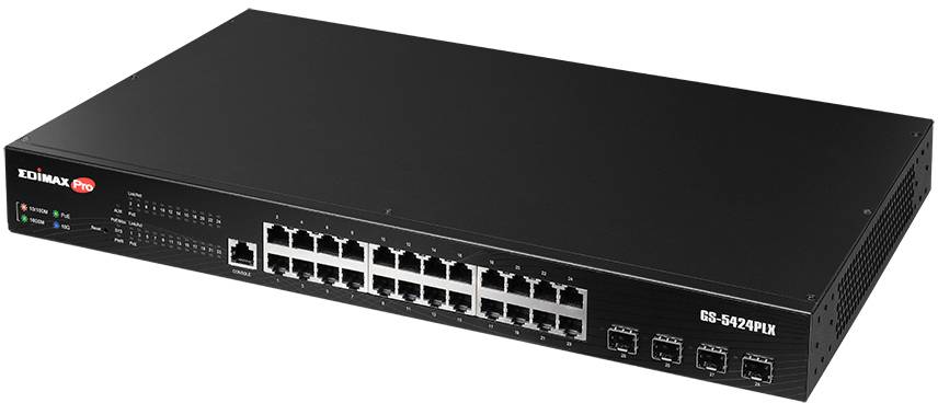 Nätverksswitch med 24 Ethernet-portar och 4 SFP-portar för anslutning av enheter i ett datornätverk.