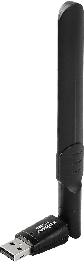 En svart USB WLAN-adapter med en svängbar antenn, lämplig för trådlösa nätverk på datorer och bärbara datorer.