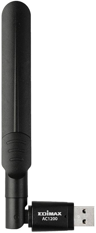 USB-WLAN-adapter med stor, svart antenn, märkt med 'EDIMAX AC1200'. Adapter för trådlösa nätverksanslutningar.