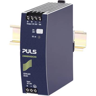 Ett DIN-skensaggregat från PULS, modell Dimension CD10.241, för DC/DC-omvandling, ingång 24V DC, utgång 24-28V DC med 10A.