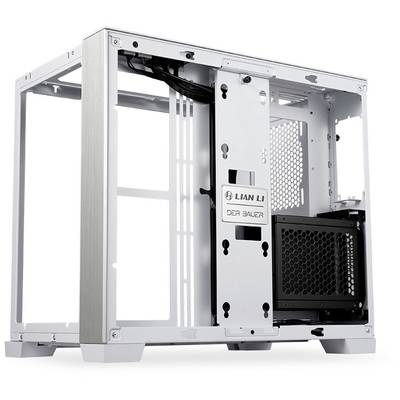 Öppet datorhölje i aluminium, vitt, från Lian Li och Bauer. Ramen, fästen och ventilationsgaller är synliga.