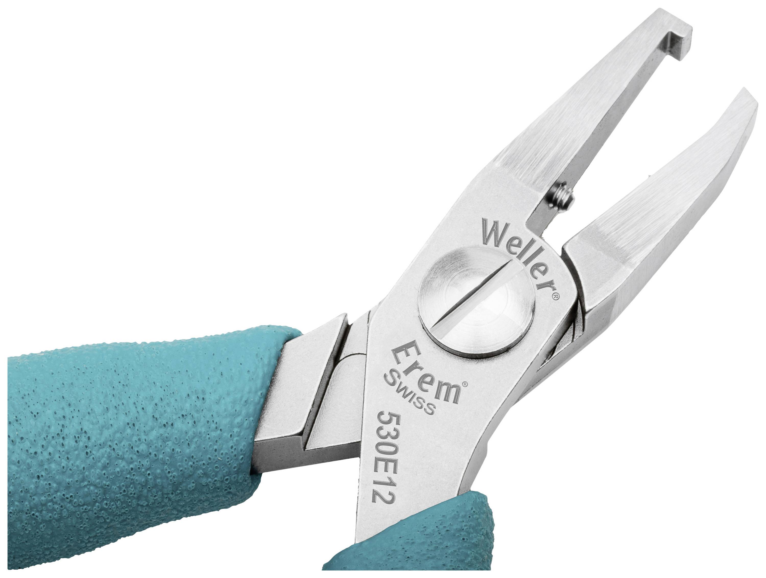 Närbild av en silverfärgad tång med blå handtag, märkt med 'Weller Erem 530E12 SWISS'. Den är avsedd för precisionsarbeten.