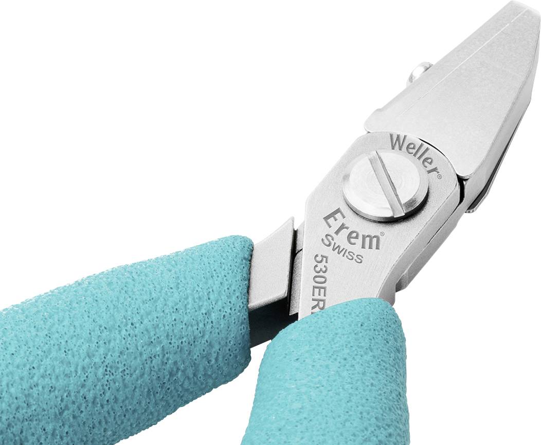 Tång med turkosa handtag och påskrifterna 'Erem Swiss' och 'Weller', lämplig för precisionsklippning inom elektronik.