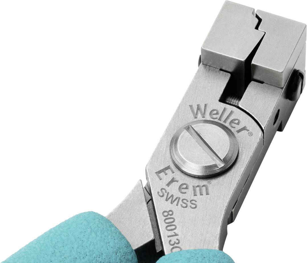 Närbild av en Weller Erem-tång med turkosa handtag och ett robust skärhuvud i silver/rostfritt stål.