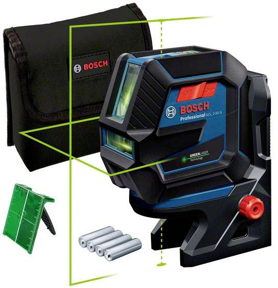 Bosch korslinjelaser med väska, måltavla och batterier. Enheten visar gröna horisontella och vertikala linjer för exakt justering.