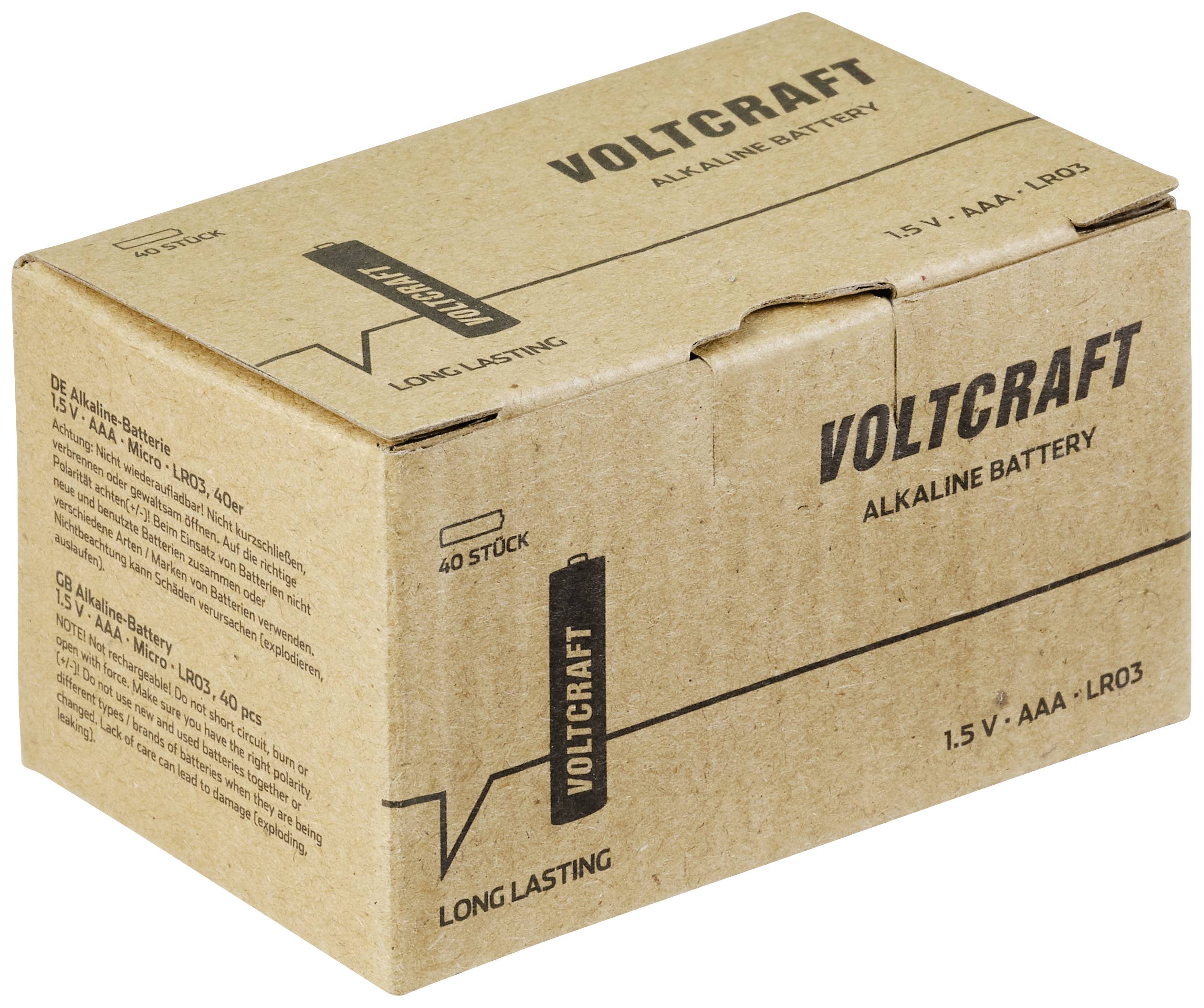 En brun kartongförpackning märkt 'Voltcraft Alkaline Battery'. Innehåller AAA-batterier (LR03), 1,5 V, 40 stycken.
