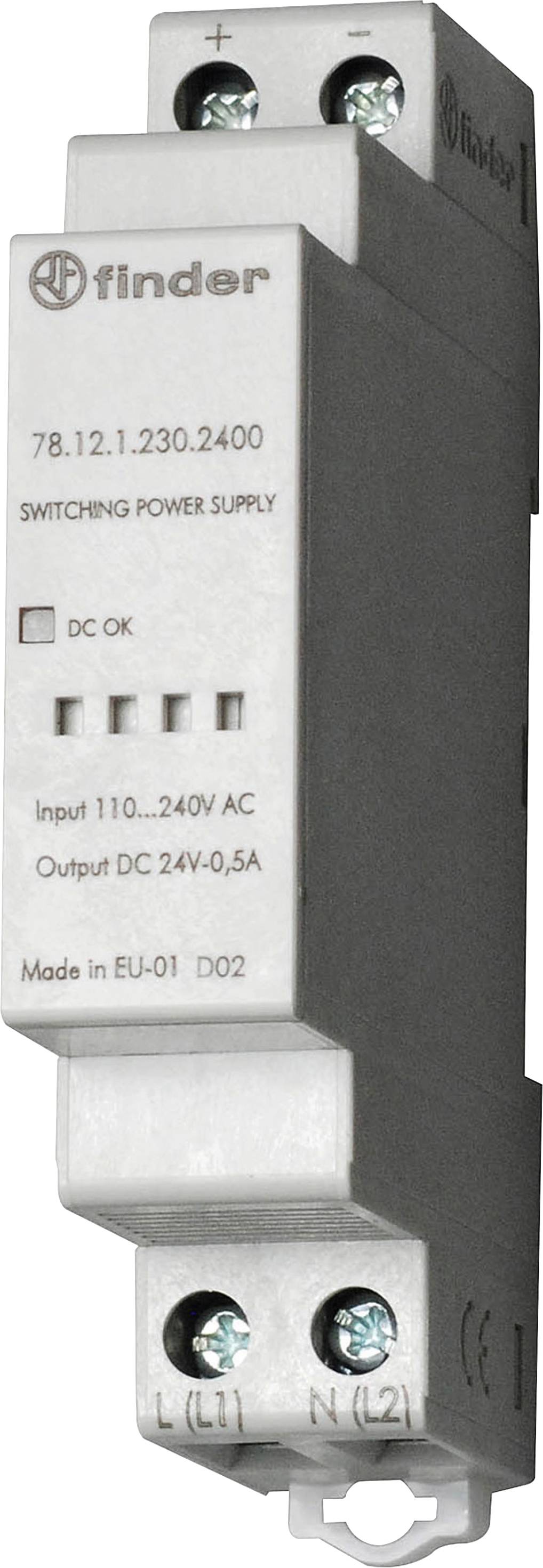 Ett silver switchat nätaggregat från Finder, modell 78.12.1.230.2400, med ingångsintervall 110-240V AC och utgång 24V DC, 0,5A.