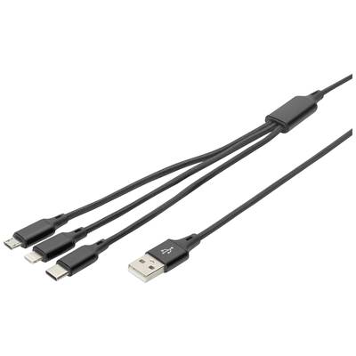 Ett svart USB-kabel delar sig i tre ändar: USB-C, Micro-USB och Lightning-kontakt, lämplig för olika enheter.