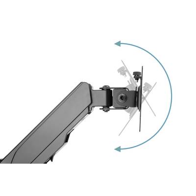 Monitorhållare avbildad från sidan, visar en roterbar arm och gångjärn, med pilar som indikerar möjlig lutning och rotation.