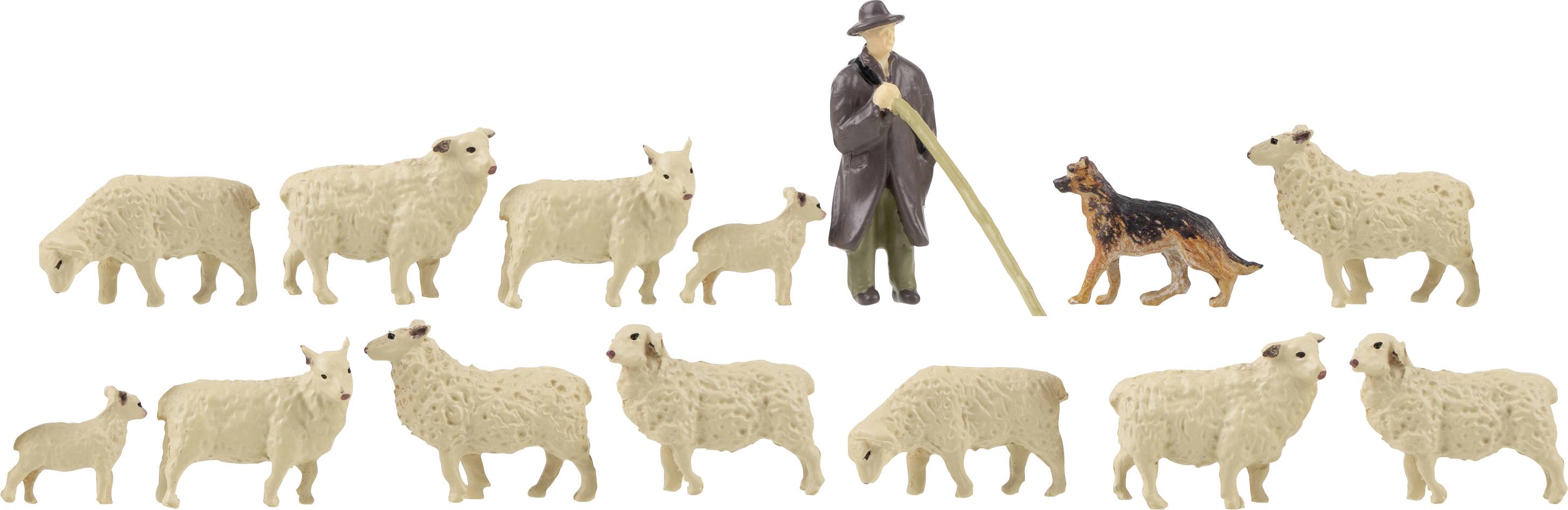 En herde med en käpp står bredvid en schäferhund, omgiven av en flock på tolv får på vit bakgrund.