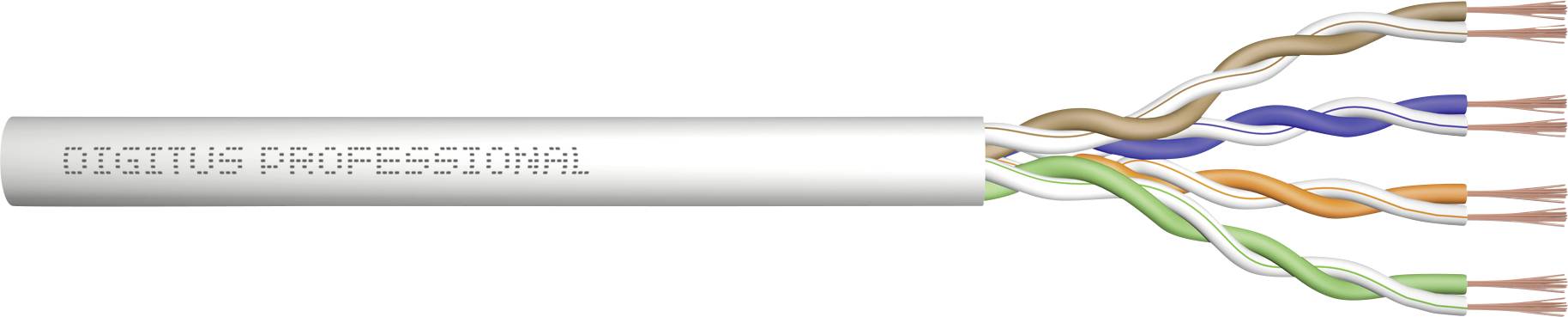 Illustration av en öppen nätverkskabel med fyra tvinnade adertrådspar i olika färger. Ytterhöljet är märkt med 'DIGITUS PROFESSIONAL'.