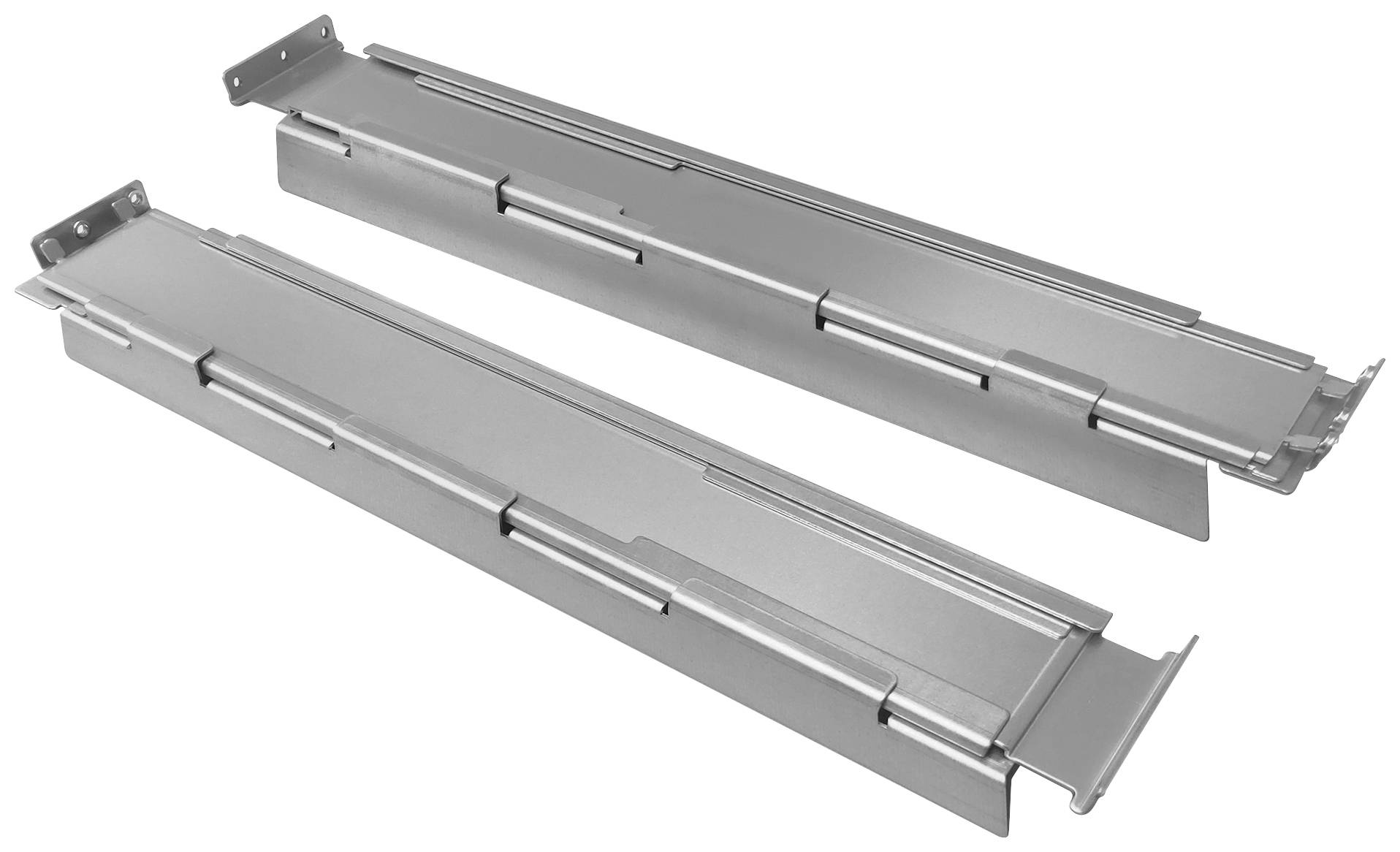 Två silverfärgade, metalliska skenor för ett racksystem ligger parallellt. De är rektangulära och har fästpunkter i varje ände.