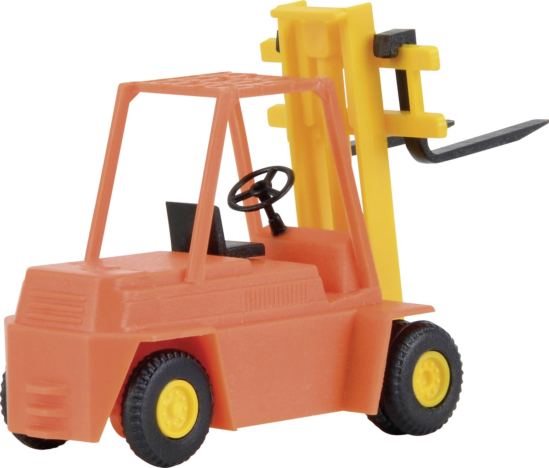 En liten, leksaksaktig modell av en gaffeltruck i rött och gult. Den har ett svart ratt och gula hjul.