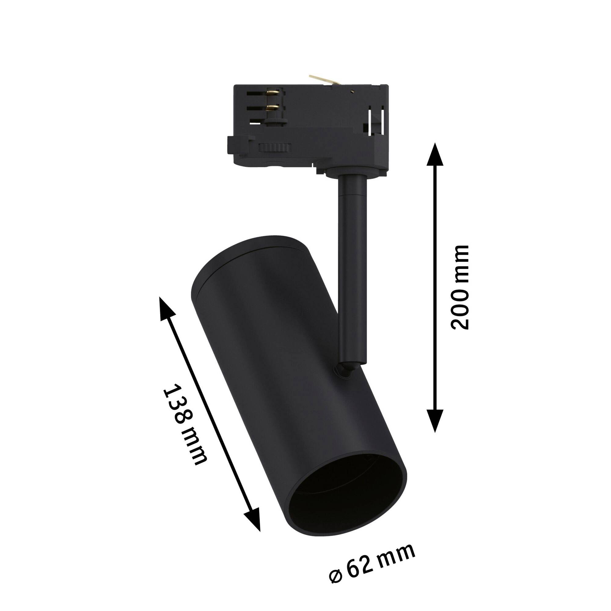 Svart cylindrisk strålkastare, 138 mm hög och 62 mm i diameter, total höjd 200 mm med fäste.