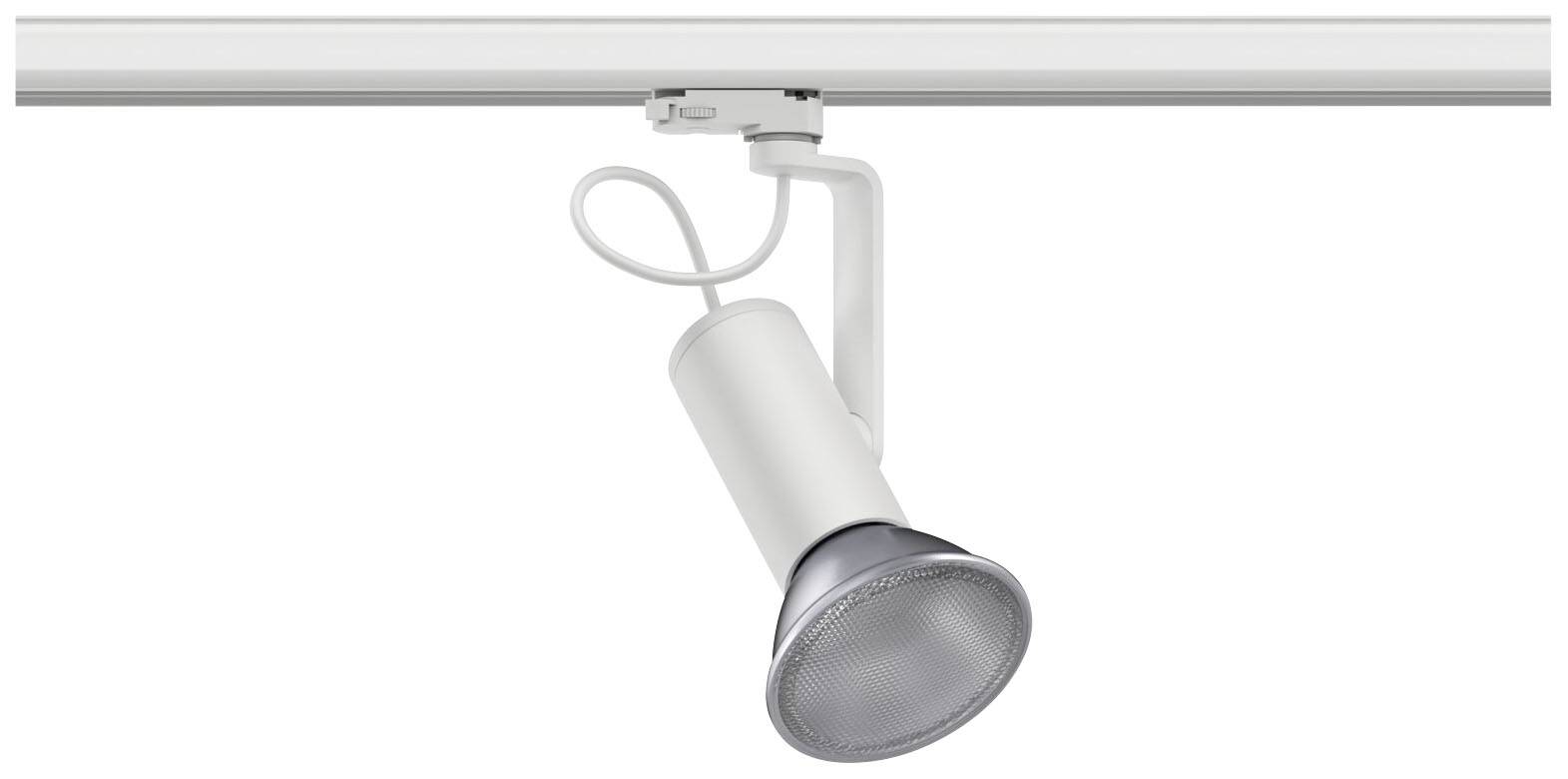 En vit takspotlight är monterad på en skena och riktar sig nedåt. Spotlighten har en modern design.