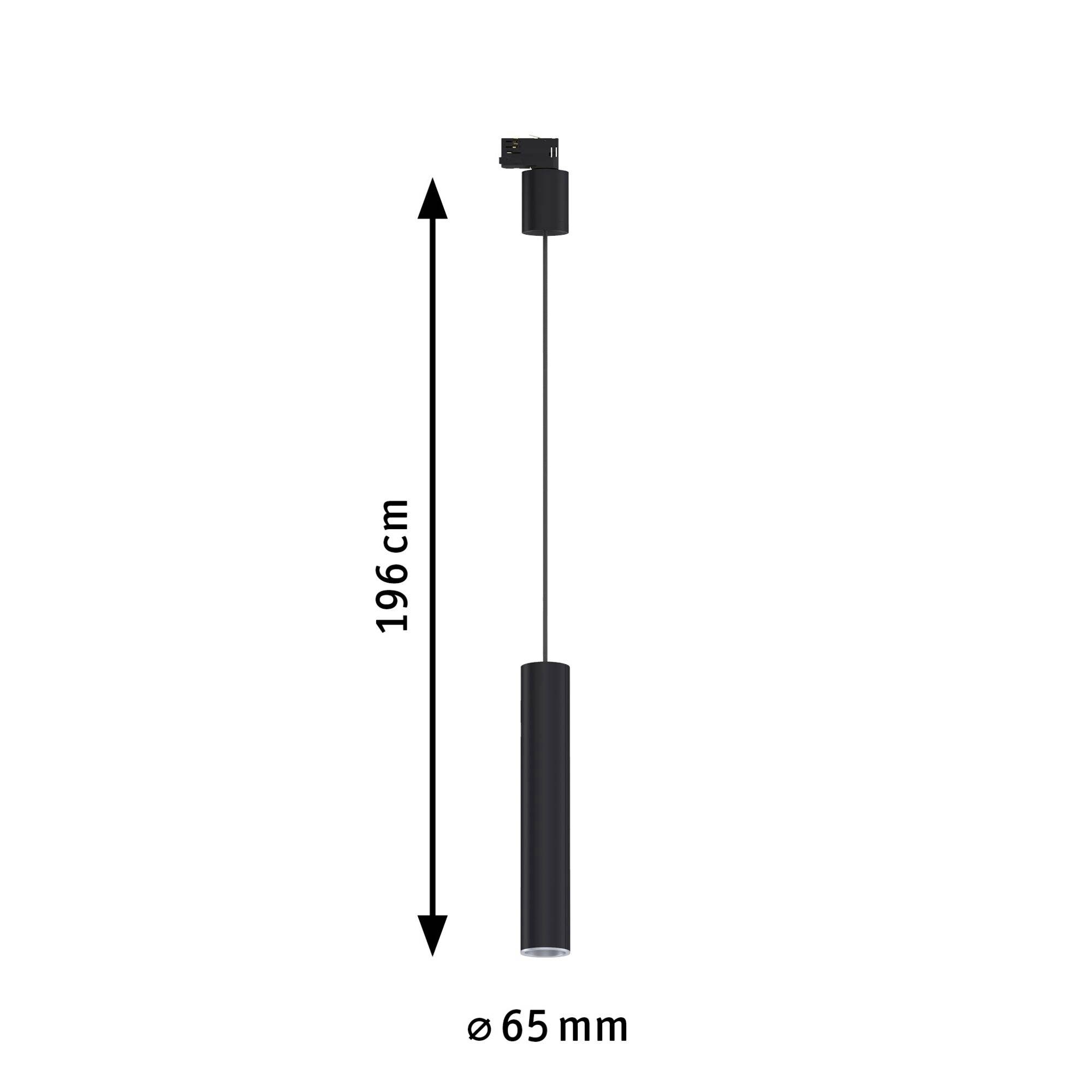 En svart pendellampa med en diameter på 65 mm och en total höjd på 196 cm, lämplig för inomhusbelysning.