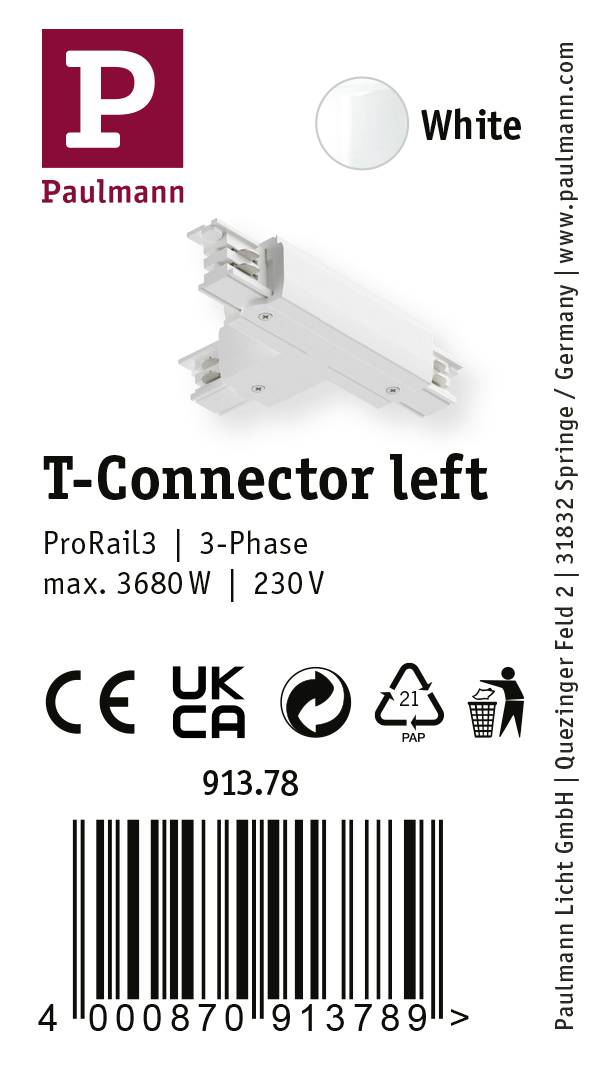 'Paulmann ProRail3 T-Kontakt vänster' vit T-kontakt för 3-fas skena, max. 3680W, 230V. Certifikat: CE, UKCA. Artikelnummer: 913.78.