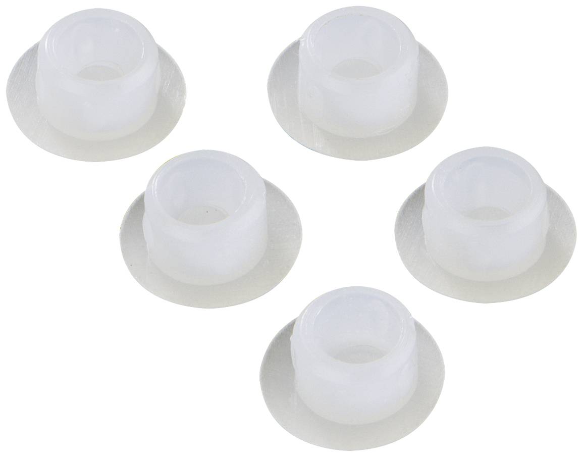 Fem vita, runda plastbussningar på vit bakgrund.