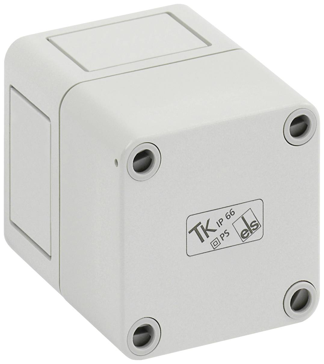 En grå anslutningsdosa med fyra skruvar i hörnen. Tryckt 'TK IP 66 P5' på framsidan.