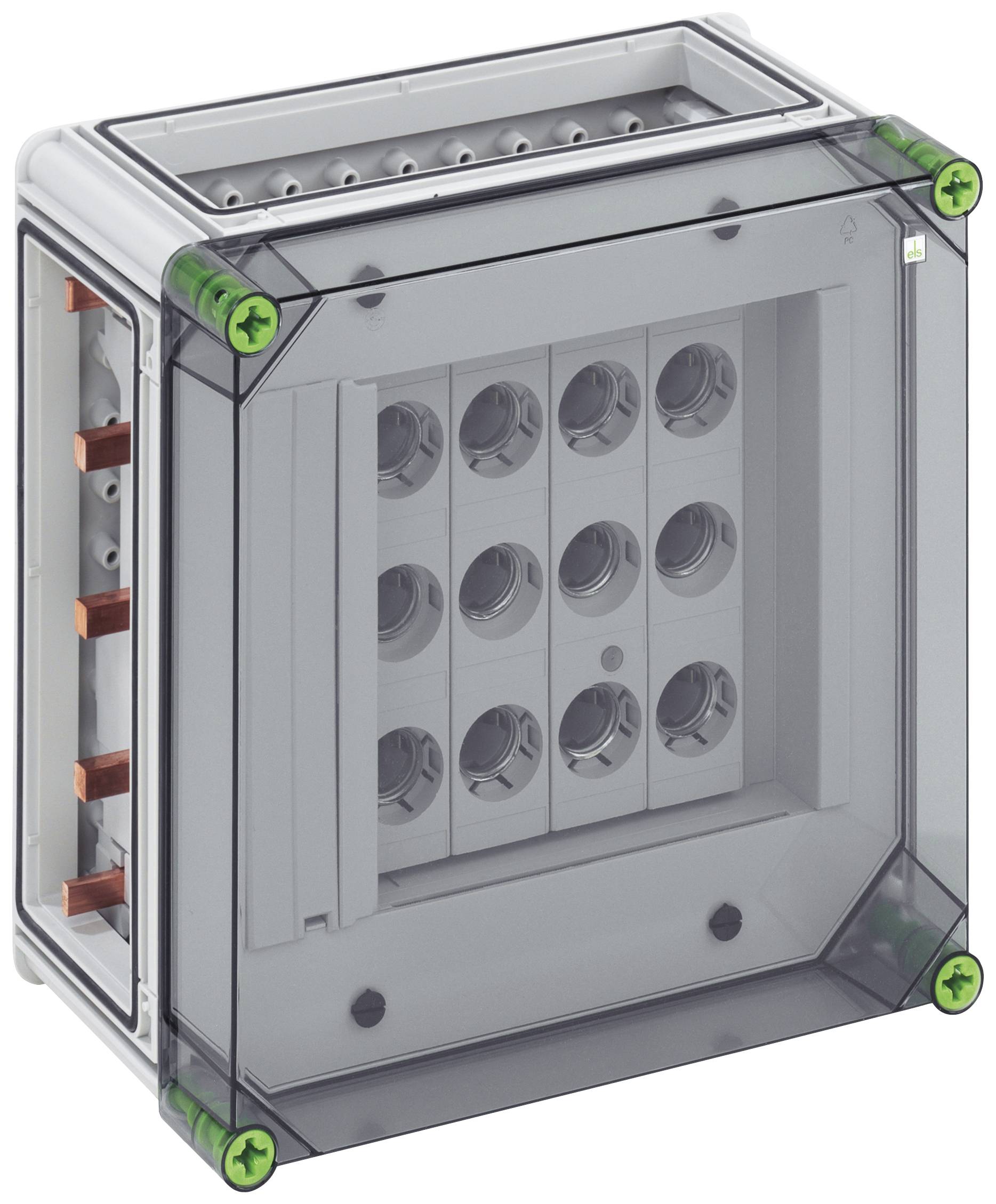 Elektrisk kopplingsdosa med transparent lock, visar flera eluttag och gröna fästskruvar i hörnen.