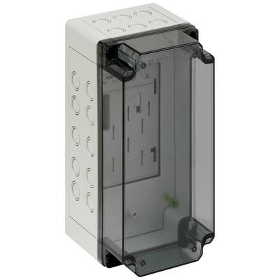 Elektriskt fördelningsskåp i rektangulär form med transparent lock och flera åtkomstöppningar på sidorna.