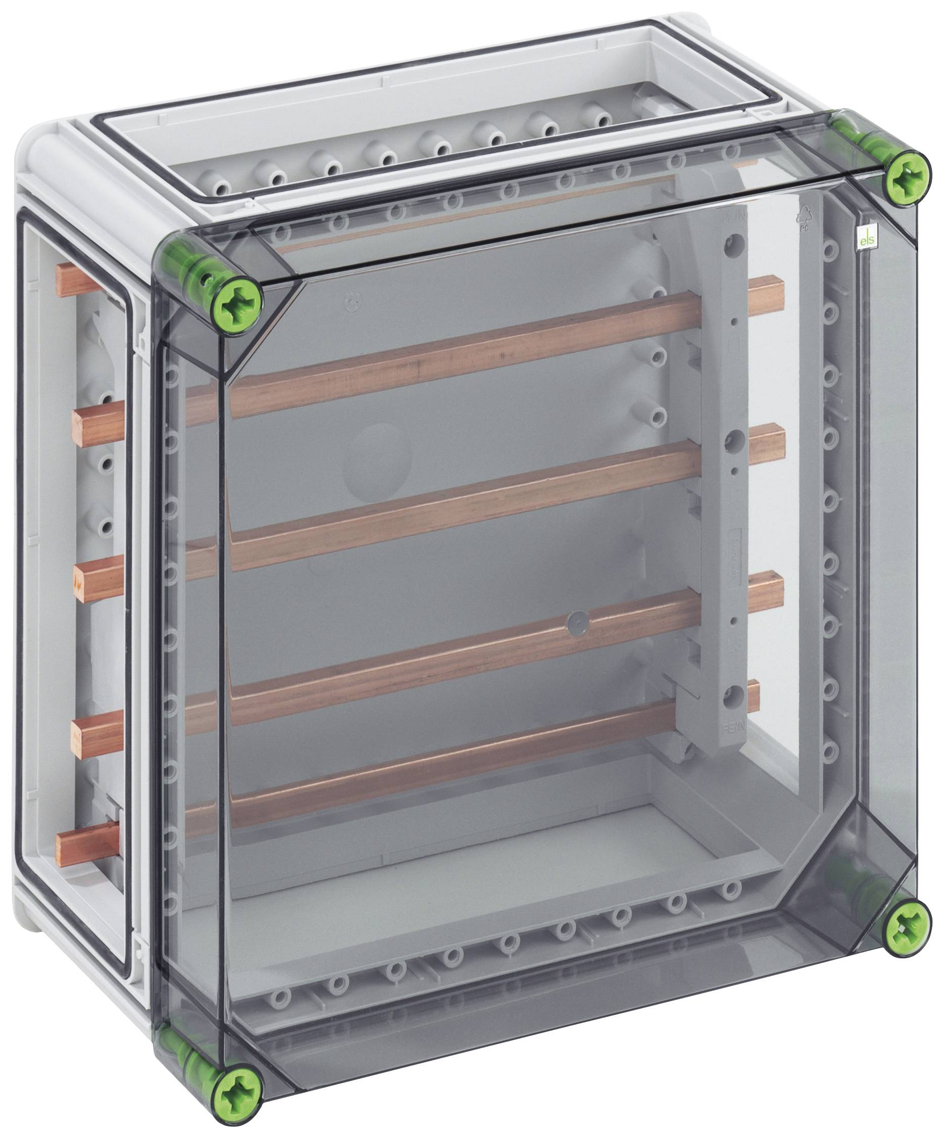 Elektrisk fördelningsbox med transparent hölje, där fyra kopparskena är synliga. Hörnen är markerade i grönt.