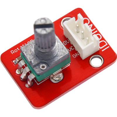Rotary-encoder-modul med röd kretskort och vit kontakt. Till vänster syns vrevregulatorn, i mitten finns anslutningskontakten.