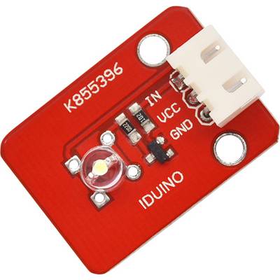 Rött mikrocontrollermodul med vita anslutningsklämmor, märkt 'IDUINO', tre märkta kontakter: 'IN', 'VCC', 'GND'.