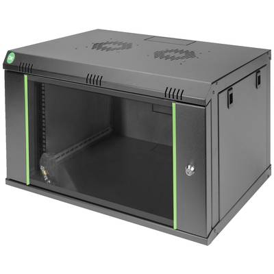 Ett svart väggmonterat serverrack med glasfront och metallram, utrustat med ventilationsfläktar på ovansidan, lämpligt för förvaring av nätverksutrustning.